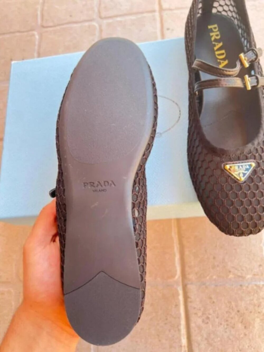 New Prada Mesh Mary Jane Flats with Triangle Logo - Black - Picture 4 of 4